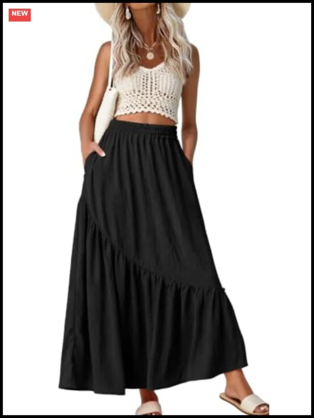 Women's Maxi Skirt High Waist Tiered A-Line with Pockets Flowy Swing Pleated